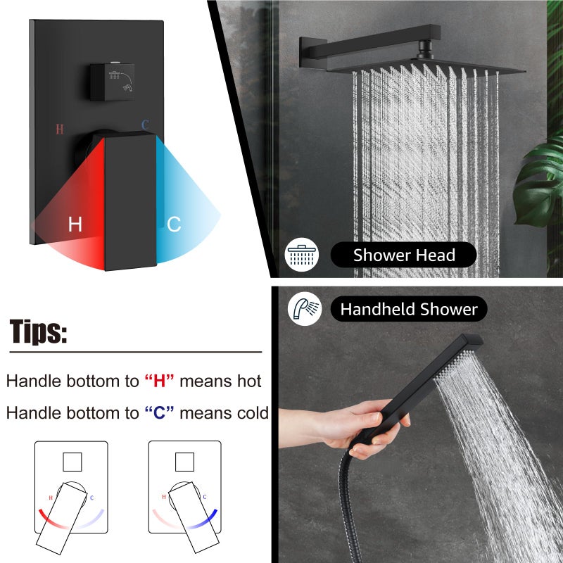 Midanya Shower Faucet Set,Wall Mount Shower System with Square Rain Shower Head and Hand Sprayer, Rough-in Valve Body and Trim Kit Included,10 Inch,Matte Black - Image 4